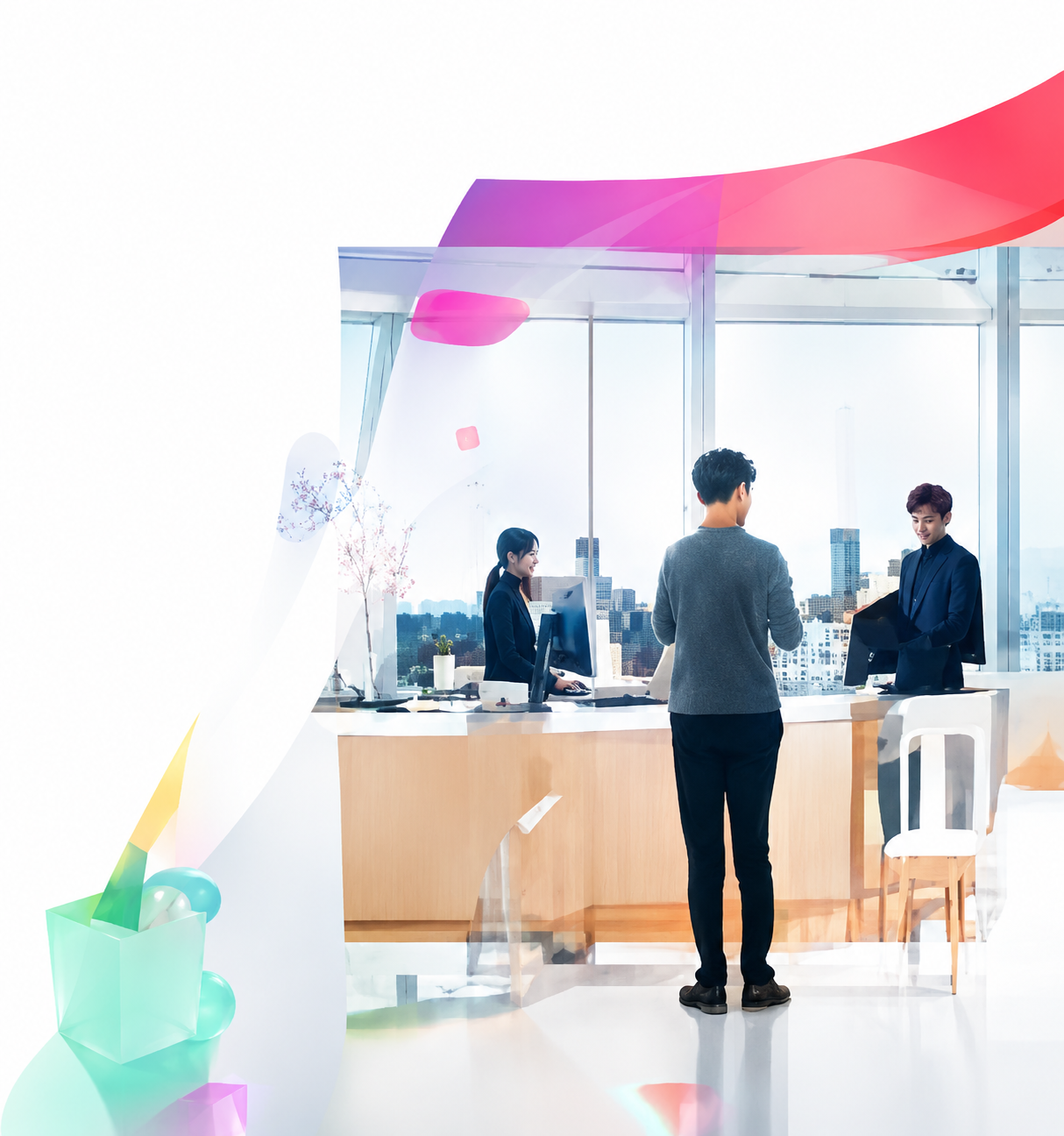 明るいオフィスでサービスを利用する人々